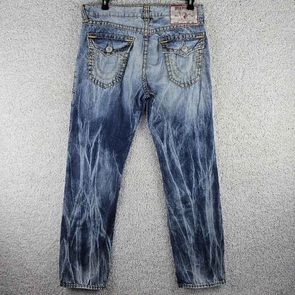 True Religion Ricky Jeans Men's Blue Relaxed Straight Acid Wash Jeans 36x33